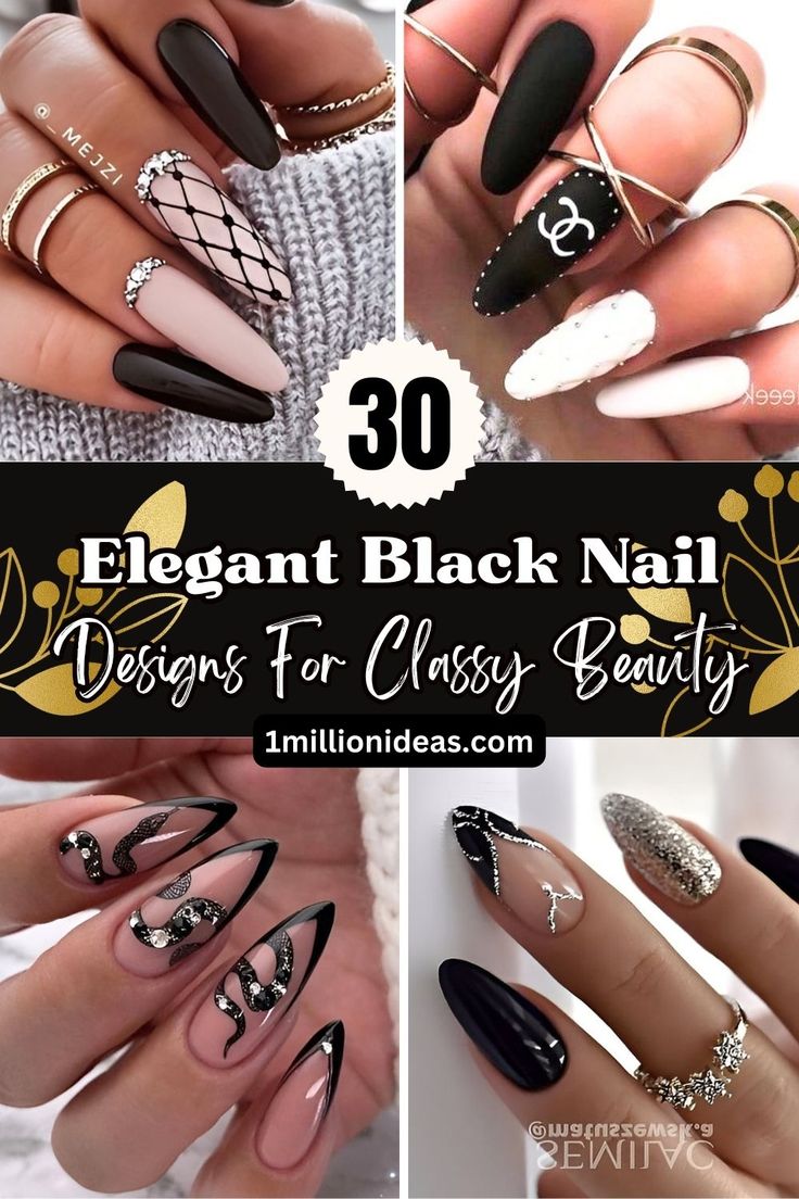 30 Elegant Black Nail Designs For Classy Beauty Elegant Acrylic Nails Classy Almond, Black Elegant Nails Coffin, Elegant Black Nails For Wedding, Black Nails Trendy 2023, Black And Natural Nail Designs, Black White Wedding Nails, Wedding Nails Black Dress, Elegant Nail Designs Black, January Nail Designs Black