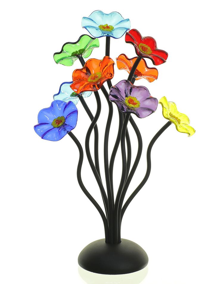 multicolored glass flowers in a black vase