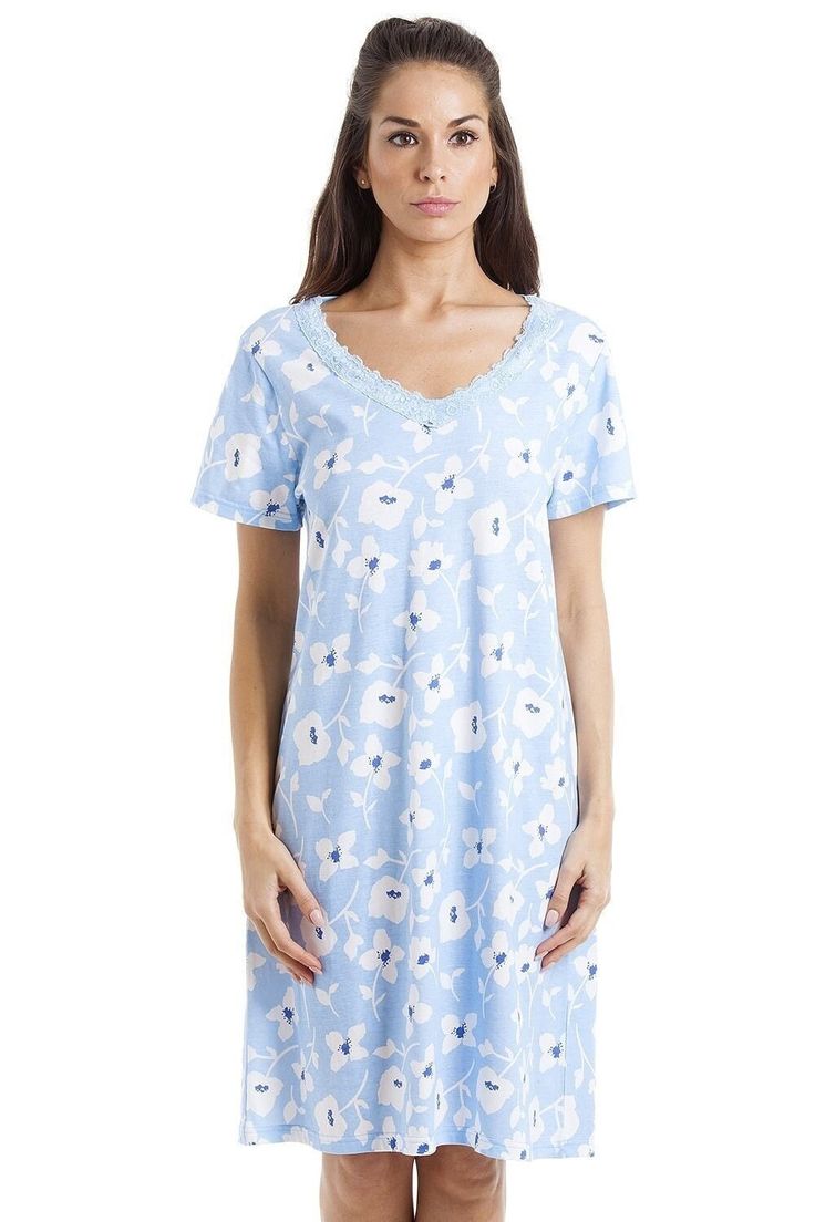 Relax and unwind in this comfortable stylish nightdress. It moves with you for an undisturbed sleep. The pretty floral lace neckline gives it an extra feminine feel. Available In Blue or Pink Shipped From A Small UK Business  Made From 100% Cotton Casual V-neck Nightgown With Lace Trim, Cotton V-neck Sleepwear With Floral Print, V-neck Spring Sleepwear For Overnight Use, Spring Nightgown With Lace Trim For Overnight, Floral Print V-neck Sleepwear For Loungewear, Spring Overnight Dresses With Lace Trim, Casual Nightgown With Lace Trim For Bedtime, Feminine Lace Trim Nightgown For Overnight, Casual V-neck Floral Print Nightgown