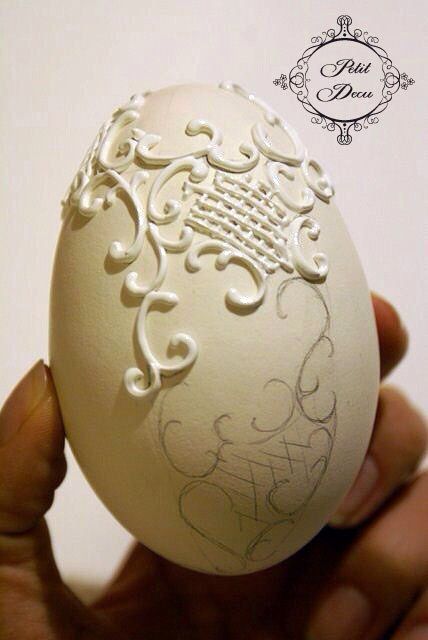 a hand holding an egg decorated with intricate designs