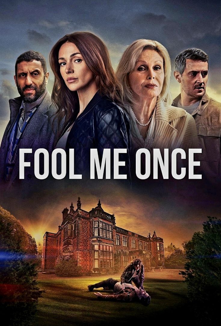 the poster for fool me once, which features two people standing in front of an old building