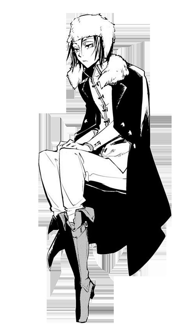 an anime character sitting on the ground with her legs crossed, wearing boots and a coat