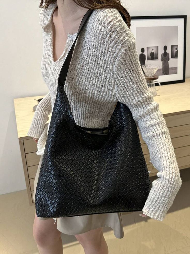 Style:Casual \nStyle:Elegant \nStyle:Preppy \nColor:Black \nStrap Type:Top Handle \nPattern Type:Geometric \nPattern Type:Plain \nClosure Type:Magnet \nType:Tote Bag Set \nPattern Type:Textured Pattern \nComposition:100% Polyurethane \nMaterial:PU Leather \n Street Style Handbags, Woven Tote Bag, Crossbody Bag Women, Bag Set, Bag Women, Textures Patterns, Top Handle, Bags Women, Pu Leather