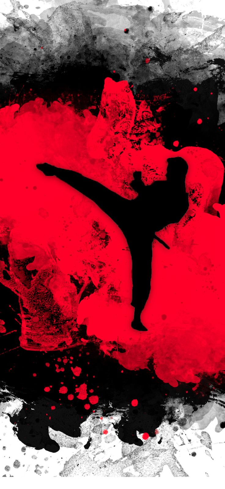 a painting of a person doing a kick in front of a red and black background