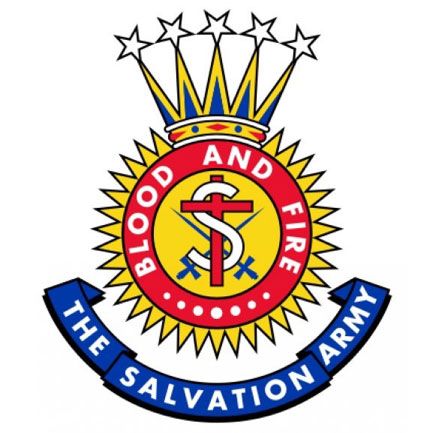 the salvation army logo, with stars around it and a cross in the center that reads blood and fire salvation army