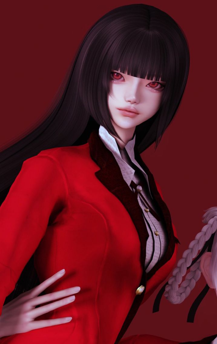 an animated woman in a red suit with long black hair