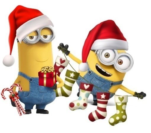 two minion characters dressed as santa hats and holding christmas stockings with candy canes