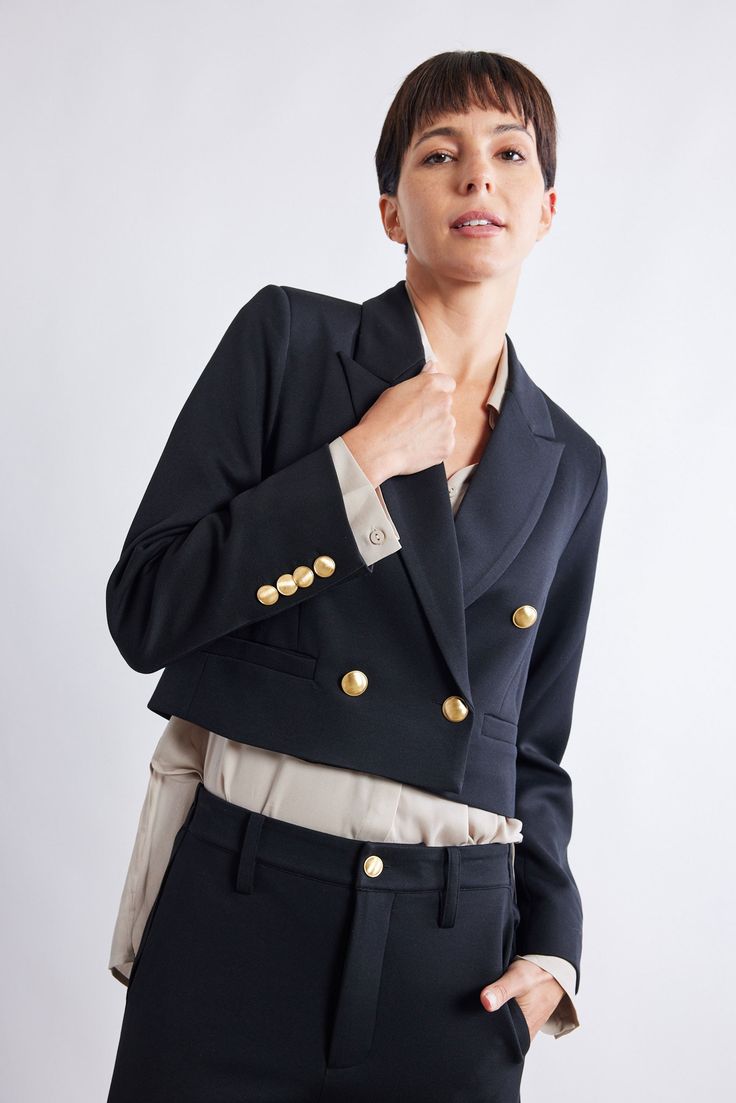 This lightweight and breezy blazer offers a luxurious feel and drapes beautifully on your frame, providing both comfort and style in one stunning package. Regular sleeve Standard lapel Cropped length Button detailing in front Elegant Business Blazer Dress With Gold Buttons, Business Blazer With Gold Buttons, Long Sleeve, Chic Formal Blazer With Gold Buttons, Formal Double-breasted Cropped Jacket With Buttons, Long Sleeve Blazer With Gold Buttons For Work, Luxury Long Sleeve Career Blazer, Elegant Office Blazer Dress With Gold Buttons, Elegant Blazer Dress With Gold Buttons For Work, Elegant Formal Blazer Dress With Gold Buttons