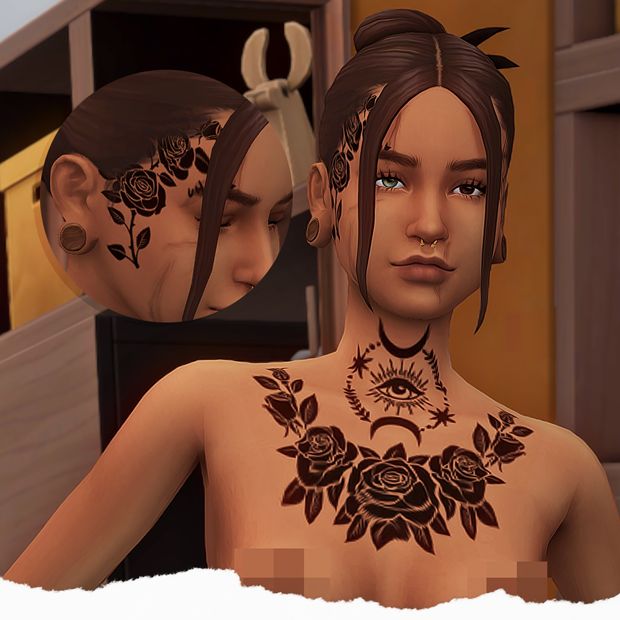 an animated image of a woman with tattoos on her chest and back, looking at the camera