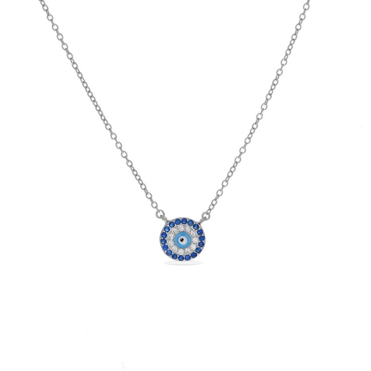 Blue CZ Evil Eye Circle Necklace in Sterling Silver - Alexandra Marks Jewelry Blue Sterling Silver Charm Necklace, Nickel Free, Blue Sterling Silver Charm Necklace Nickel Free, Symbolic Round Evil Eye Jewelry, Nickel-free Blue Circular Jewelry, Nickel-free Blue Round Pendant Necklace, Blue Nickel-free Round Pendant Necklace, Blue Gemstone Charm Necklace With Round Pendant, Turquoise Circle Jewelry For Gift, Blue Gemstone Pendant Charm Necklaces