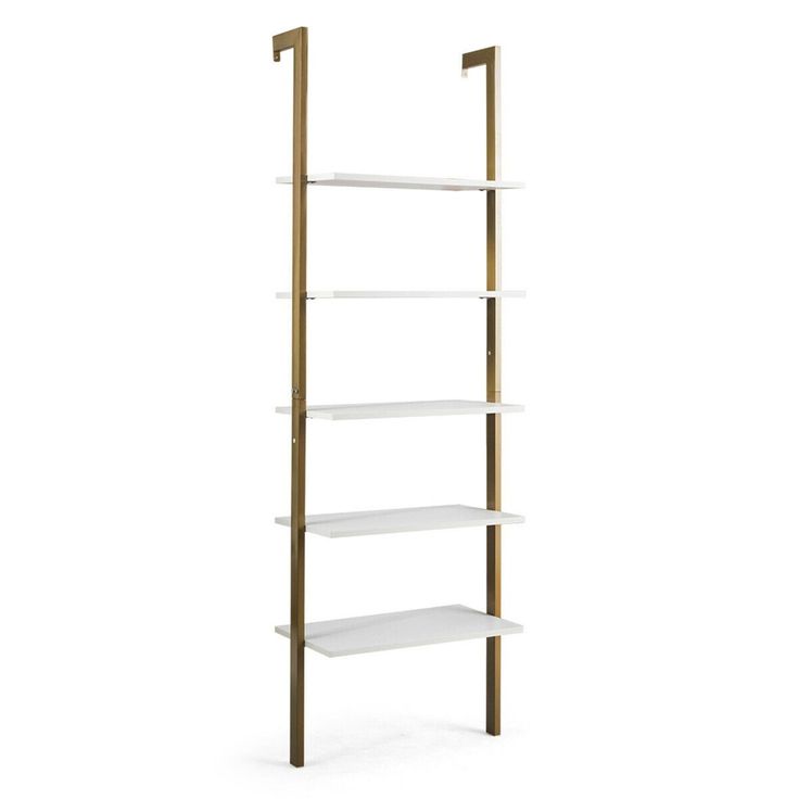 a white and gold book shelf with four shelves on each side, against a white background