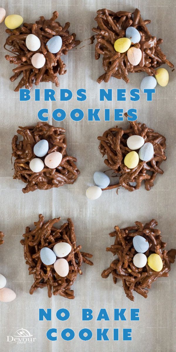 birds nest cookies with chocolate icing and candy eggs