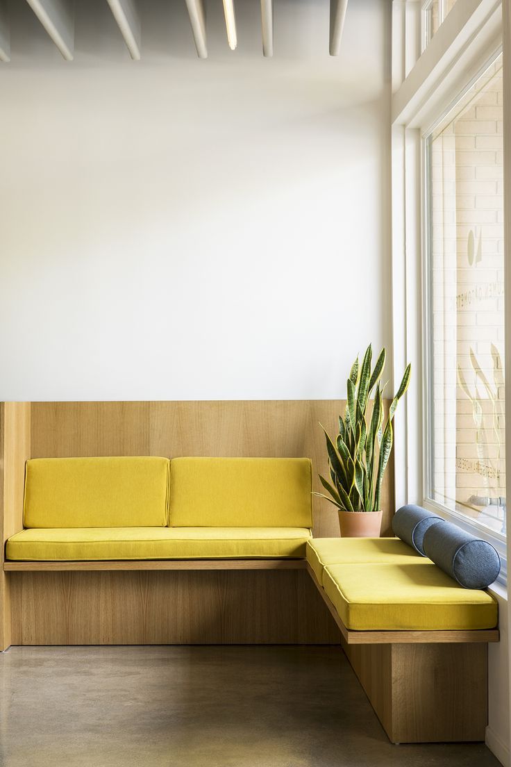 a yellow couch sitting in front of a window next to a potted plant on top of a wooden bench