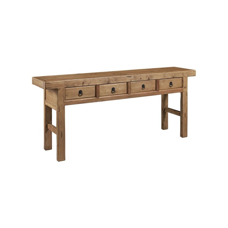 a wooden table with three drawers on one side and two legs at the other end