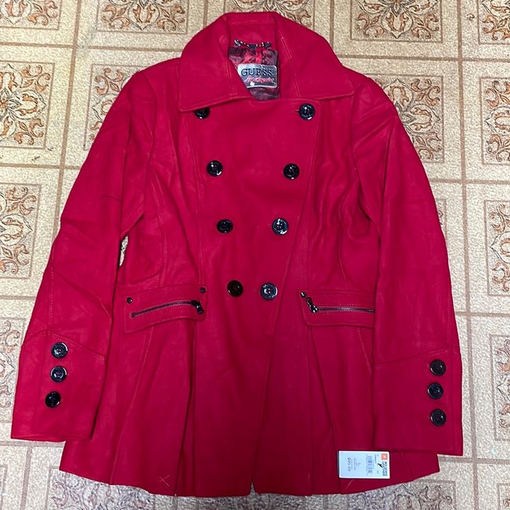 Never Worn Still Has Tag Red Buttoned Winter Outerwear, Red Winter Outerwear With Buttons, Red Fall Outerwear With Buttons, Red Outerwear With Buttons For Fall, Chic Red Outerwear With Buttons, Red Buttoned Outerwear For Fall, Red Double-breasted Winter Outerwear, Red Double-breasted Outerwear For Winter, Red Long Coat With Button Closure