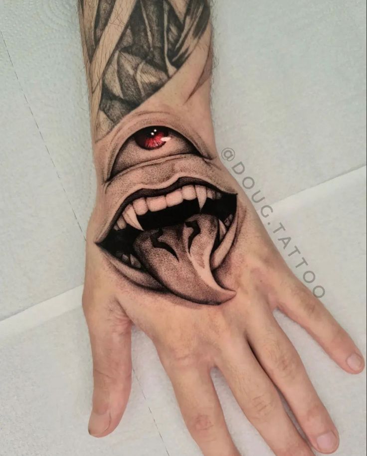 a man's hand with a tattoo on it that has an evil face and red eyes