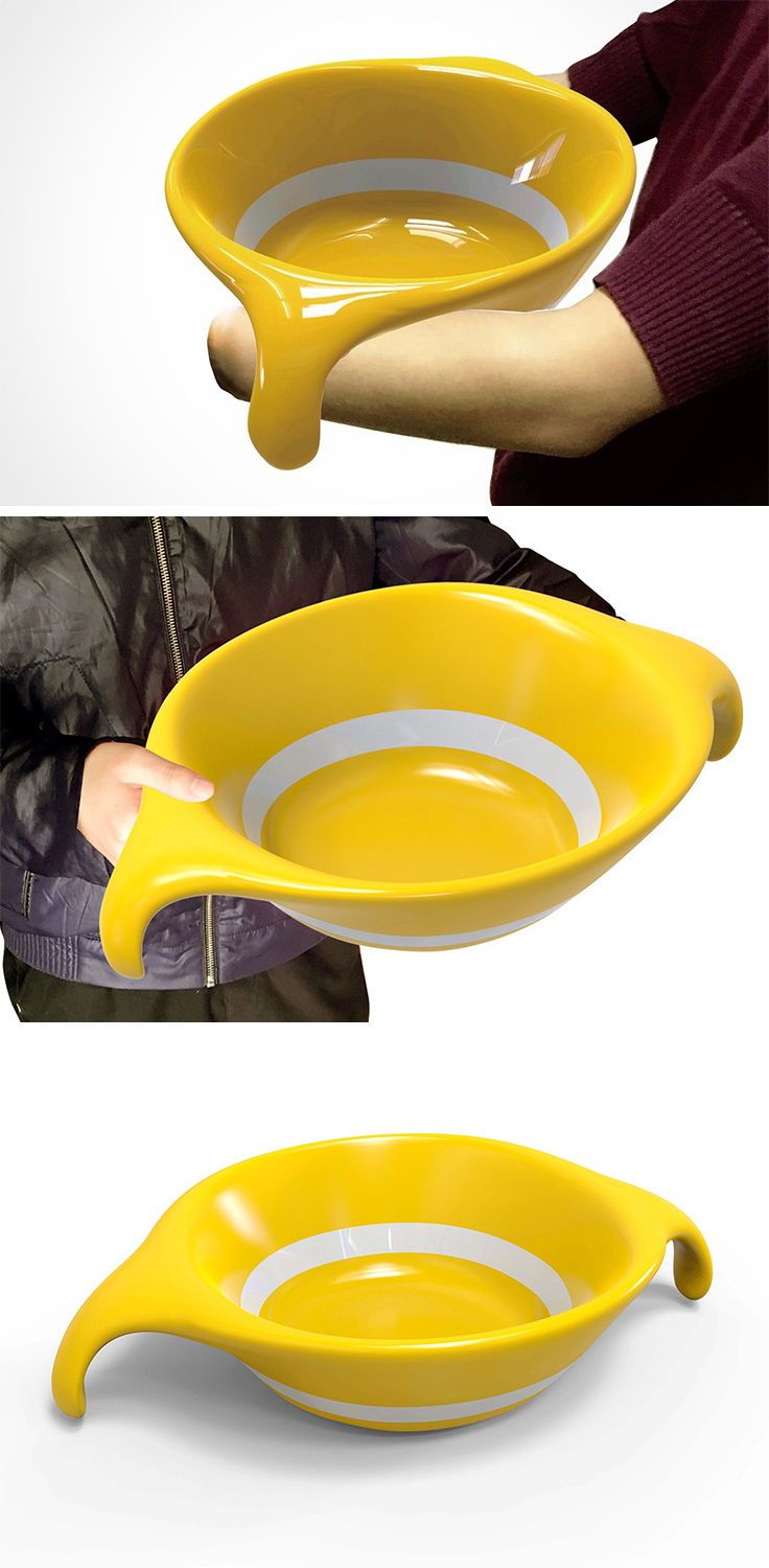 two yellow bowls with handles are shown in three different positions, one being filled with liquid and the other is empty