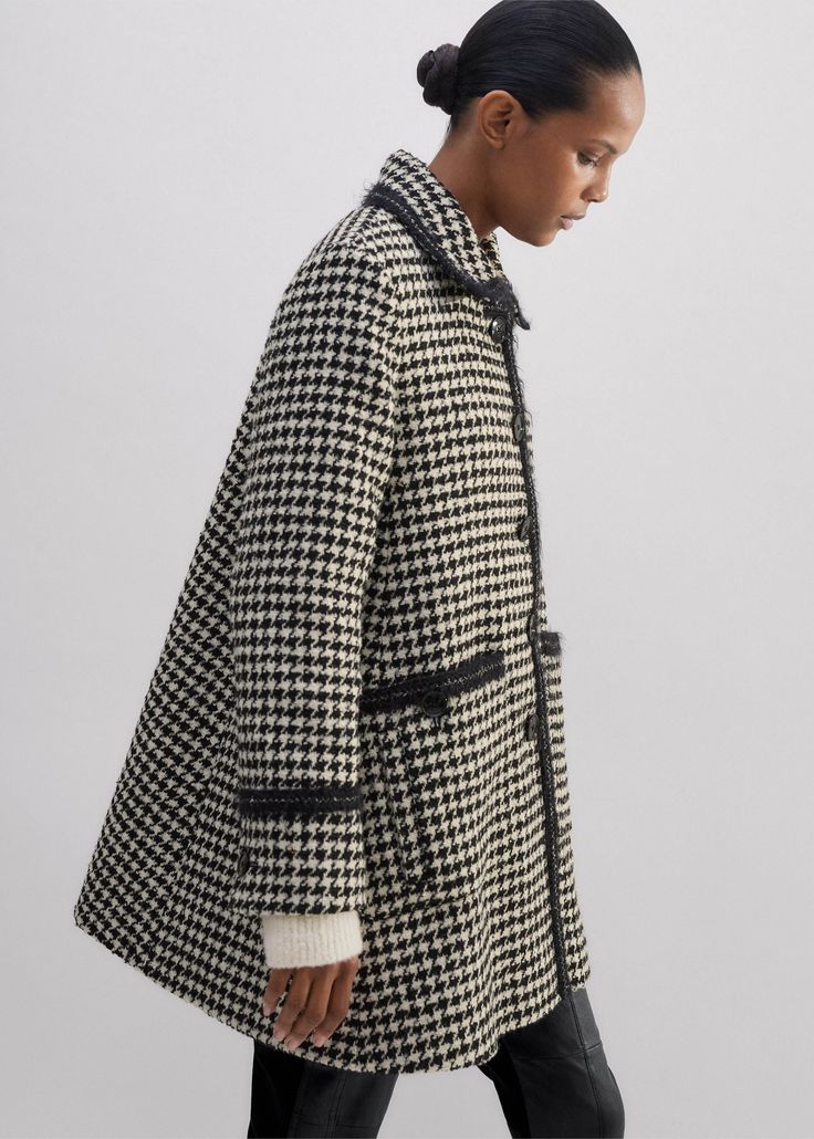 Bouclé Houndstooth Swing Coat | ME+EM Wool Jacquard Knit Outerwear For Work, Classic Jacquard Knit Outerwear For Work, Classic Jacquard Knit Workwear Outerwear, Aw24 Outfits, Boucle Coat, Houndstooth Coat, Cashmere Jacket, Tweed Coat, Chic Casual