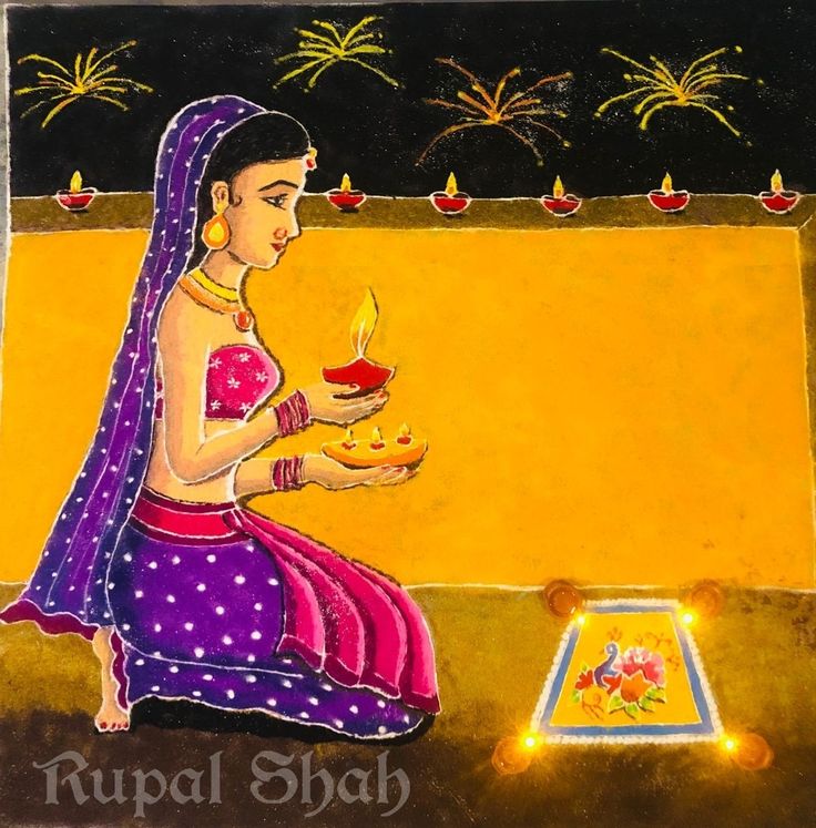 a painting of a woman holding a lit diya