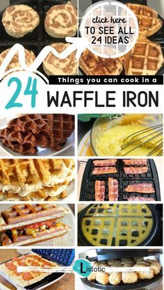 some waffle irons are shown with the words, 24 things you can cook in a waffle iron