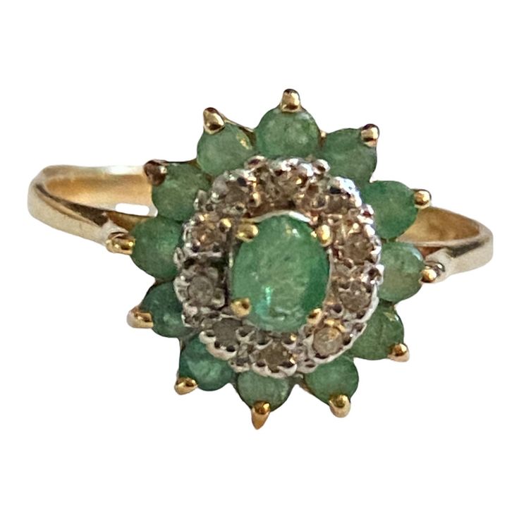 PRETTY 14K Yellow Gold EMERALD and DIAMONDS Halo Ring Size 7.25 Oval center .20ct emerald surrounded with a 10 - .02ct round diamond halo and a 12 - .03ct round emerald halo! .76 CTW Weighs 2.3 grams Hallmarked and tested 14k yellow gold In beautiful vintage condition, WOULD MAKE A GREAT GIFT!! Shipped FAST and FREE, fully insured in a gift box :) I guarantee item to be exactly as described and pictured. Poison Ring, Locket Ring, Emerald Gem, Initial Ring, Black Gift Boxes, Cz Ring, Halo Diamond Ring, Halo Rings, Multi Stone Ring