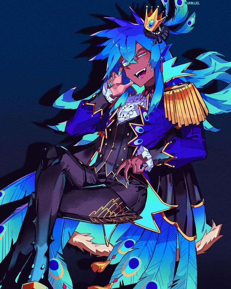 an anime character with blue hair and feathers on his head, sitting in front of a black background