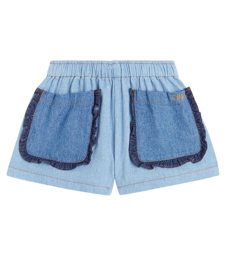 Ruffle-trimmed cotton shorts in blue - Tinycottons | Mytheresa Cotton Bottoms With Built-in Shorts And Cutoff Shape, Short Cotton Bottoms With Patch Pockets, Blue Bottoms With Contrast Stitching For Summer, Blue Cotton Shorts With Patch Pockets, Blue Cotton Jean Shorts With Side Pockets, High-waisted Cotton Jean Shorts With Pockets, Cotton Shorts With Pockets For Spring, Blue Patch Pocket Shorts For Summer, Cotton Jean Shorts With Side Pockets