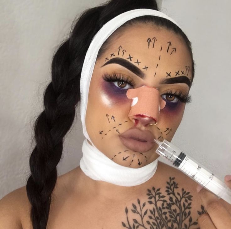 Esthetician Halloween Costume, Cosmetic Surgery Costume, Halloween Patient Costume, Botched Halloween Makeup, Botched Barbie Halloween, Plastic Surgery Makeup Halloween, Botched Plastic Surgeries Costume, Botched Makeup, Sfx Halloween Costumes