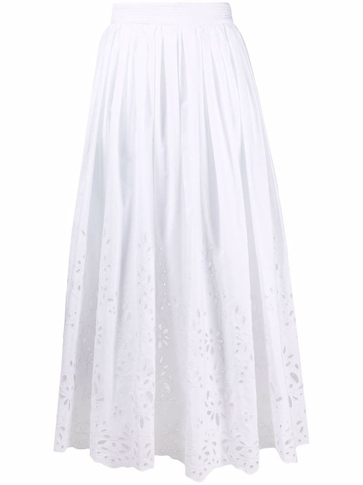 White cotton/ramie high-waist cut-out skirt from CHLOÉ featuring high waist, cut-out detailing, rear zip fastening and long length. Chic Summer Skirt With Cutwork Hem, Elegant Summer Skirt With Cutwork Hem, Elegant White Skirt With Cutwork Hem, Chic Broderie Anglaise Skirt For Summer, Summer Broderie Anglaise Skirt For Daywear, Spring Cotton Skirt With Broderie Anglaise, Elegant Broderie Anglaise Summer Skirt, White Embroidered Full Skirt, White Cotton Skirt With Cutwork Hem