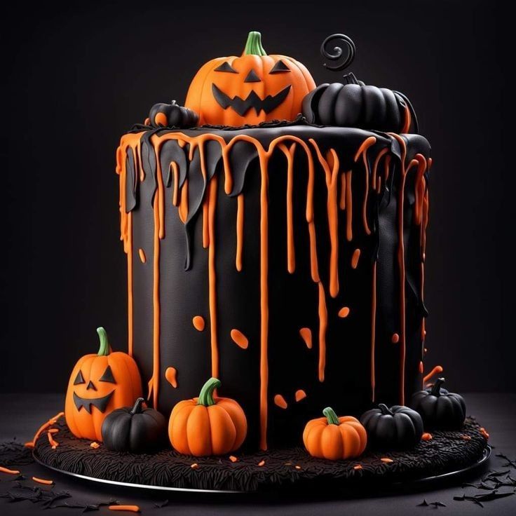 a black cake with orange icing and pumpkins on it's sides,