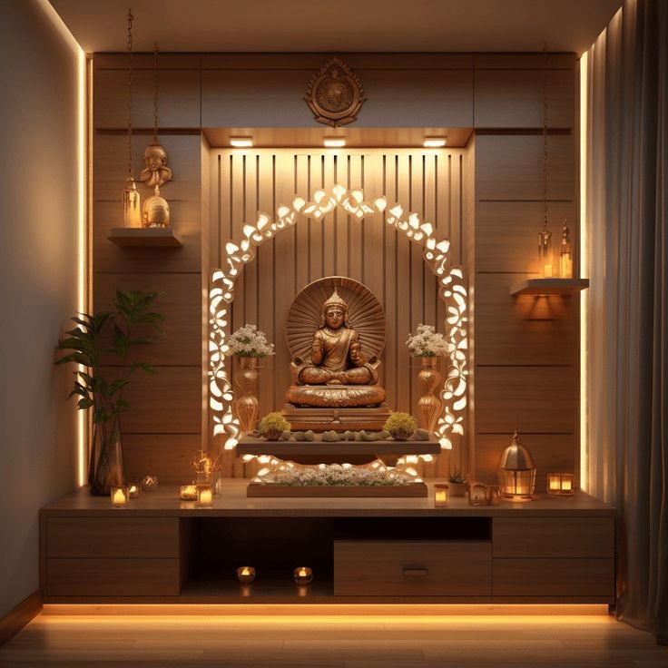 a buddha statue sitting on top of a wooden table in front of a wall filled with candles