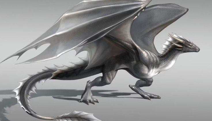 a silver dragon statue on a gray background with shadow coming from it's wings