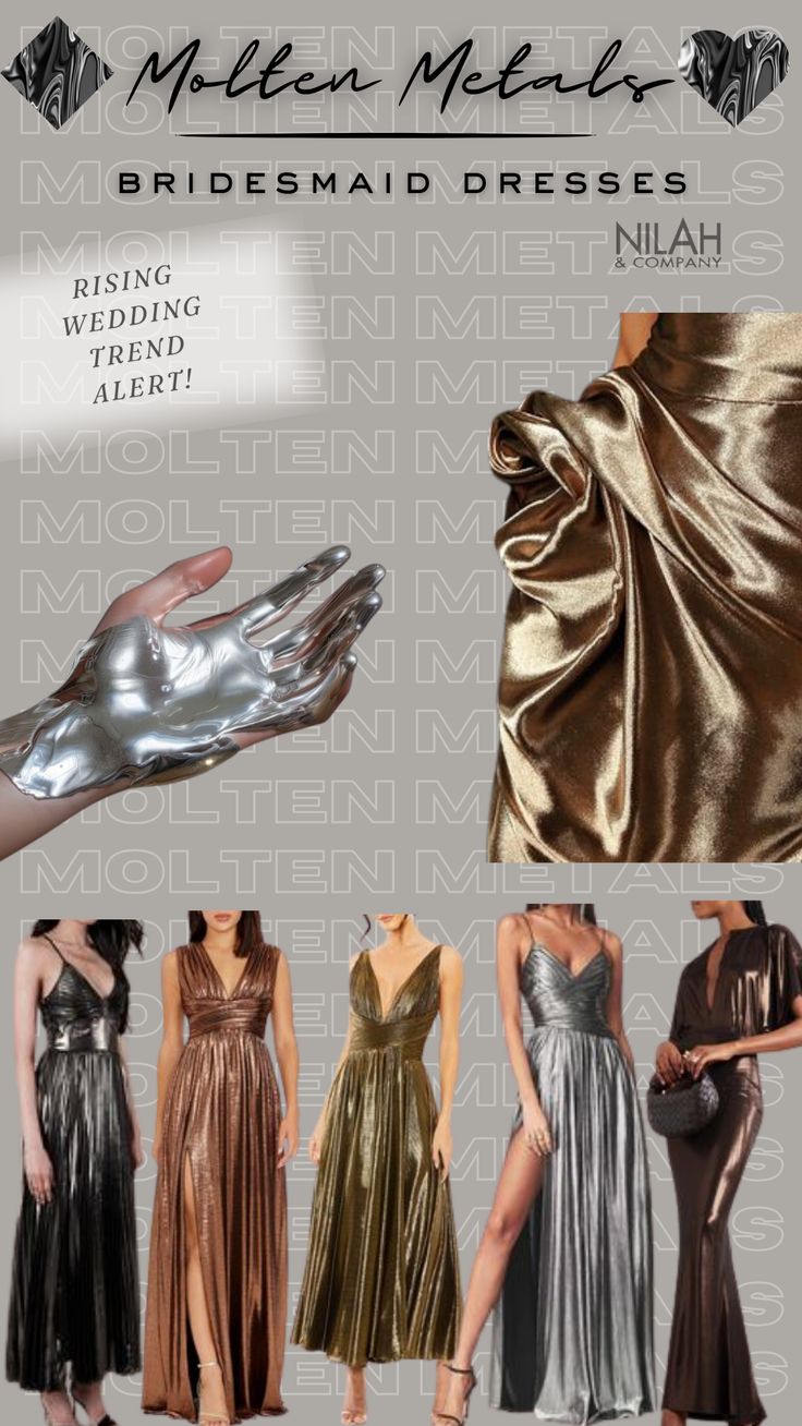 an advertisement for a bridesmaid dress with metallic material on it, including the hand and