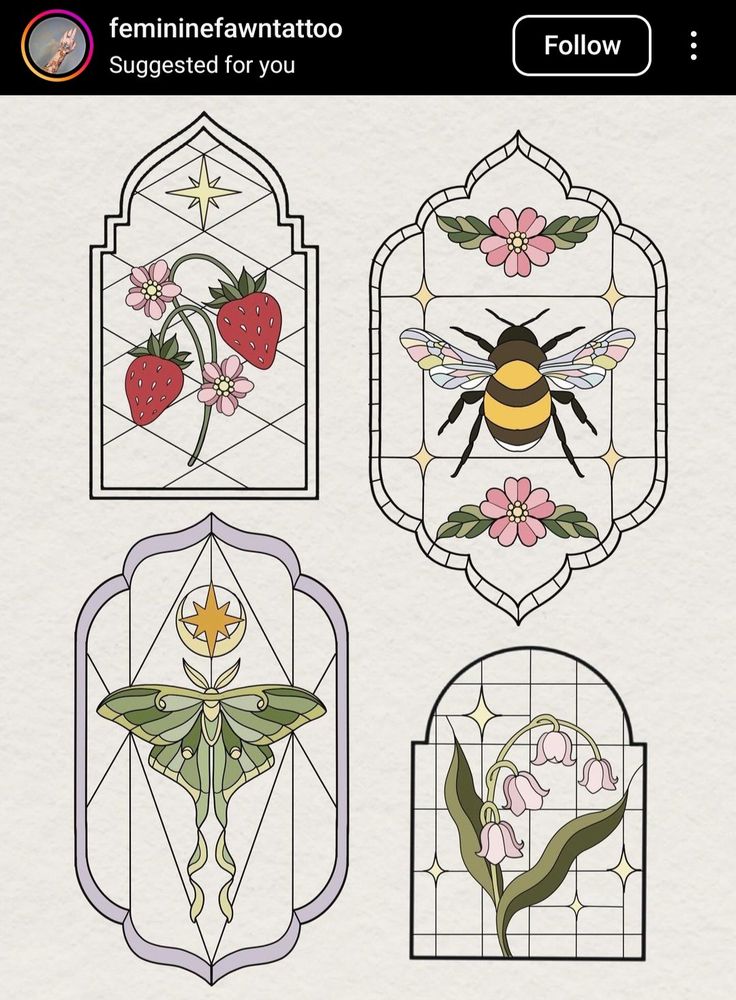 four stained glass designs with flowers and a bee on the front, one in pink