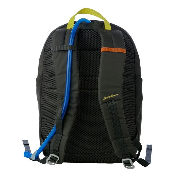 a black backpack with blue handles and straps on the front, it has an orange stripe at the bottom