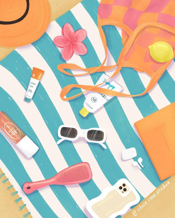 an illustration of various items on a beach towel