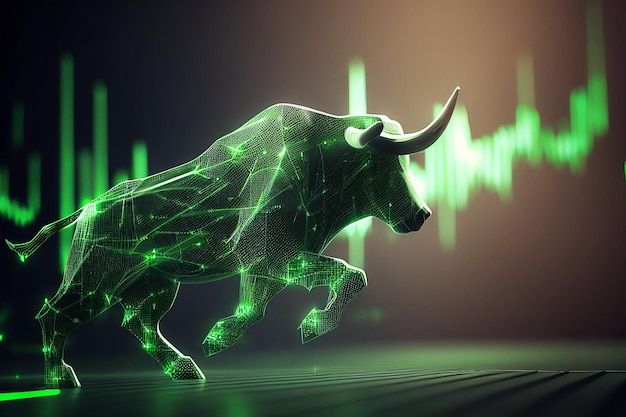 a bull is running on the floor in front of an upward graph line and green lights