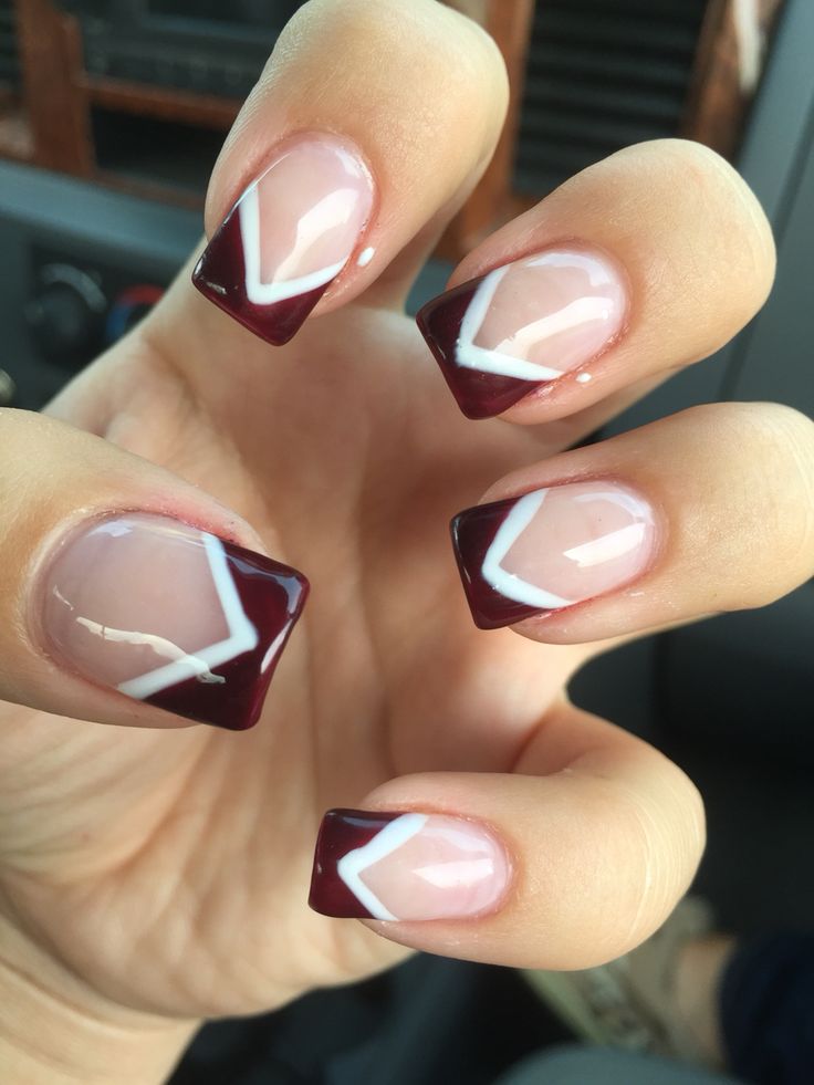 Maroon v shaped tips with a white line Maroon And White Nails Acrylic, Maroon And White Nails Design, White And Maroon Nails, Maroon And White Nails, Maroon Nails, White Nail Designs, White Line, French Tip Nails, Girly Stuff