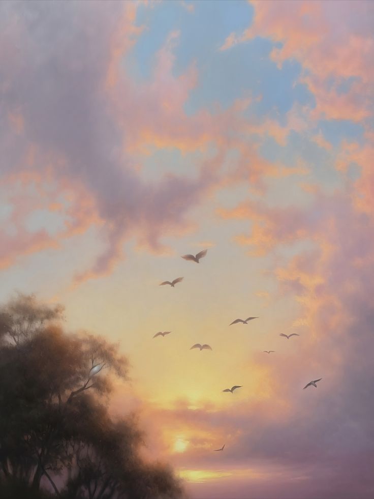 a painting of birds flying in the sky at sunset with clouds and trees behind them