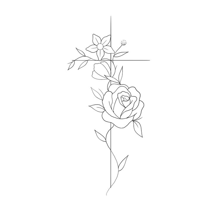 a single line drawing of a rose on a cross with leaves and flowers in it