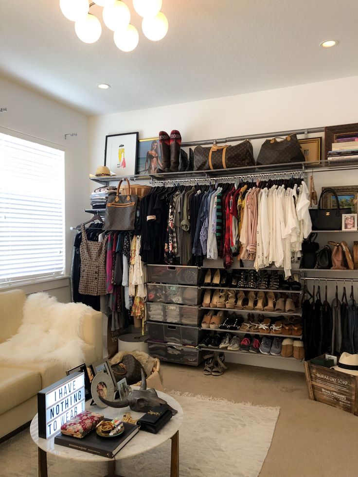 a living room filled with furniture and lots of closet space