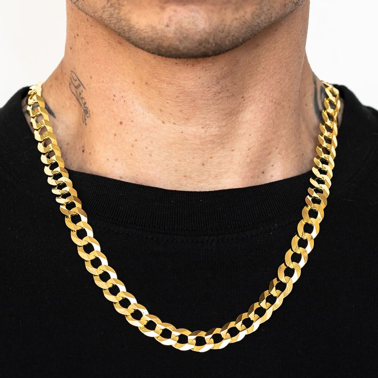 This 10k Yellow Gold Solid Curb Cuban Link Chain is a timeless and classic accessory for men who appreciate fine craftsmanship and superior quality. Made with authentic 10k yellow gold, this chain features a sleek and sturdy design that is perfect for everyday wear. The flat and closely interlocking links create a clean and polished look, while the Lobster Lock ensures that the chain stays securely fastened around your neck. This chain is perfect for both casual and formal occasions and comes in Classic Yellow Gold Cuban Link Necklace Tarnish Resistant, Classic Tarnish Resistant Yellow Gold Cuban Link Necklace, Classic Tarnish-resistant Yellow Gold Cuban Link Necklace, Classic Formal Cuban Link Necklace With Figaro Chain, Classic Yellow Gold Cuban Link Necklace With Solid Construction, Gold Cuban Link Necklace In 14k Solid Construction, 14k Gold Cuban Link Chain Necklace, Classic Yellow Gold Cuban Link Necklace, Formal Gold Plated Cuban Link Necklace With Curb Chain