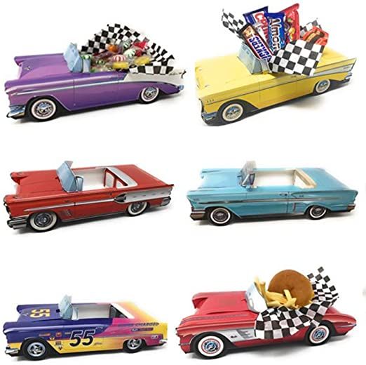 six toy cars with different colors and designs on the front, side, and back