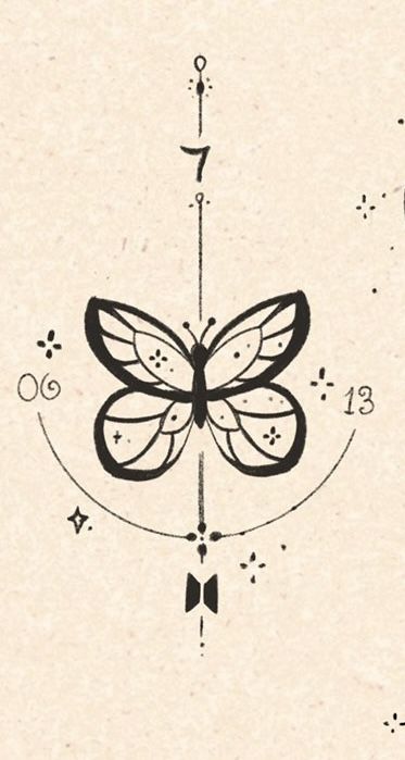 a drawing of a butterfly on the side of a clock with numbers and symbols around it