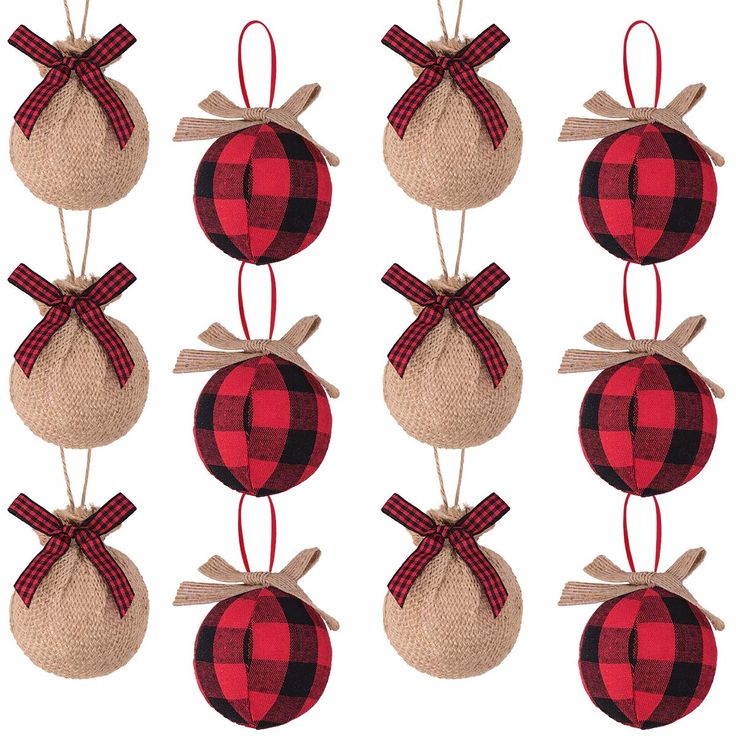 twelve red and black plaid ornaments hanging from strings with bows on them, each ornament shaped like an apple