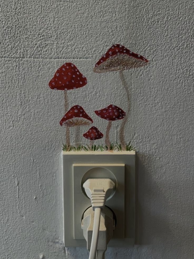 an electrical outlet with some red mushrooms on the wall and grass growing out of it