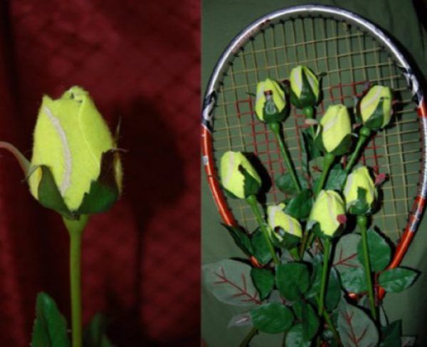 there are three different pictures one has a tennis racket and the other has flowers