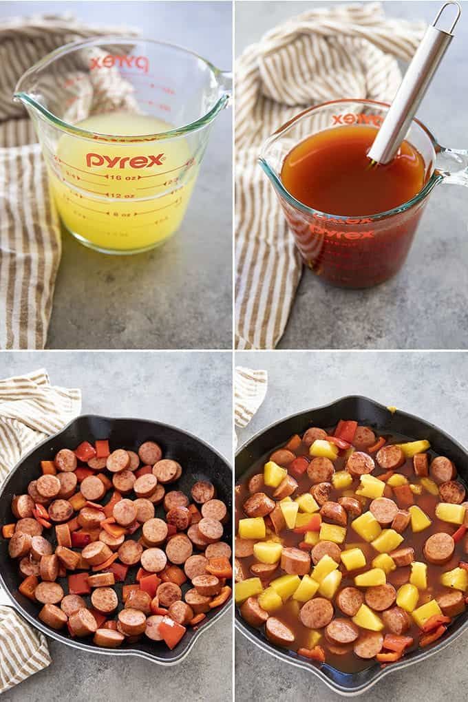 four pictures showing how to make sausage and potatoes