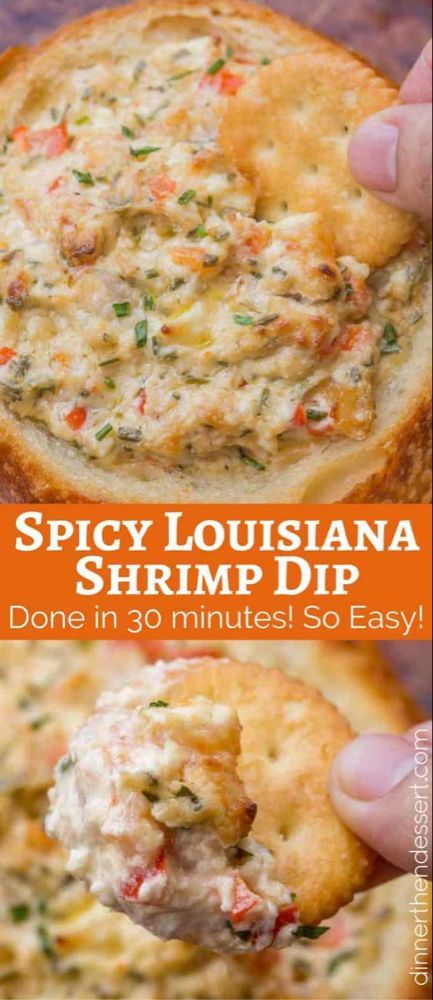 a hand holding a cracker with shrimp dip in it and the text spicy louisiana shrimp dip done in 30 minutes so easy