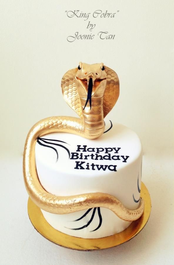 a white and gold birthday cake with a snake on top